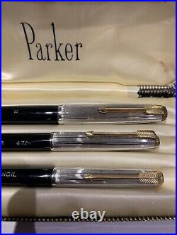 Mint Rare Parker 51 Fountain Pen, Ballpen And Pencil-rolled Silver Caps-chalked