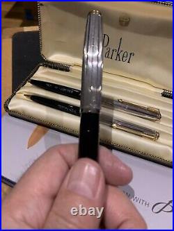 Mint Rare Parker 51 Fountain Pen, Ballpen And Pencil-rolled Silver Caps-chalked