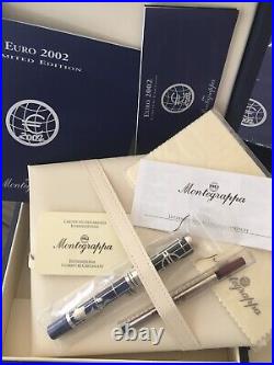 New & Rare Montegrappa Euro 2002 Sterling Silver Ballpoint Pen Box & Papers