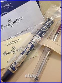 New & Rare Montegrappa Euro 2002 Sterling Silver Ballpoint Pen Box & Papers