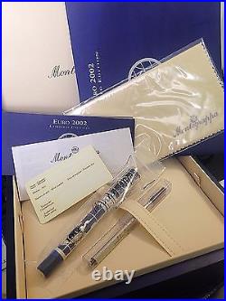 New & Rare Montegrappa Euro 2002 Sterling Silver Ballpoint Pen Box & Papers