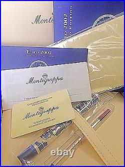 New & Rare Montegrappa Euro 2002 Sterling Silver Ballpoint Pen Box & Papers