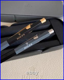 New Rolex Caran d'Ache Ballpoint Pen Rare Set of 2 Grey Black withLeather Case