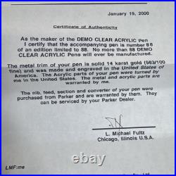 RARE L. MICHAEL FULTZ PARKER DUOFOLD Demo Clear Acrylic #88/88 Only 88 Made Intl