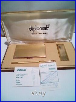 RARE! Vintage DIPLOMAT Present Set, Lighter+ Pen+ Card Holder, SWISS, NEW OLD