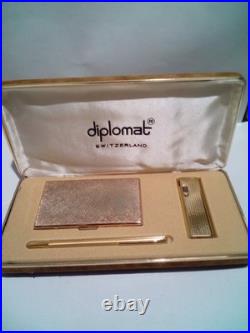 RARE! Vintage DIPLOMAT Present Set, Lighter+Pen+Card Holder, SWISS, NEW OLD