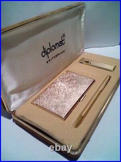 RARE! Vintage DIPLOMAT Present Set, Lighter+ Pen+ Card Holder, SWISS, NEW OLD