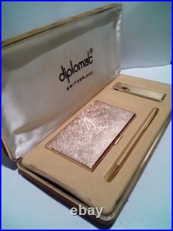 RARE! Vintage DIPLOMAT Present Set, Lighter+Pen+Card Holder, SWISS, NEW OLD