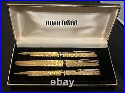 RARE Vintage WATERMAN CF 3 PIECE PEN SET Gold Plated Plaque OR G20 18K GOLD NIB