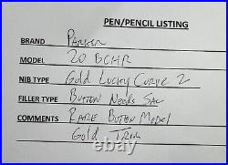 Rare Button Filler Parker Bchr 20 Fountain Pen Gold Lucky Curve #2 Nib Estate