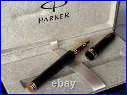 Rare PARKER PREMIER BLACK LACQUE GOLD 18K 750 MED NIB FOUNTAIN PEN NEVER INKED