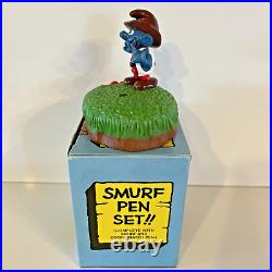 Schleich Smurf Pen Set Cowboy and Horse Vintage 1982 NEW Rare Open Box