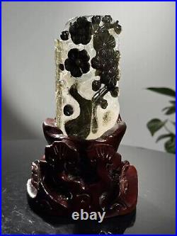 TOP Rare Natural Green Ghost Quartz Carving Pen Holder Crystal Specimen+Bracket